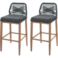 Mendler 2er-Set Rope-Barhocker HWC-O21, Outdoor Sitzpolster Seilgeflecht Metall Holz-Optik