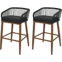 Mendler 2er-Set Rope-Barhocker HWC-O22, Outdoor Sitzpolster Seilgeflecht Metall Holz-Optik