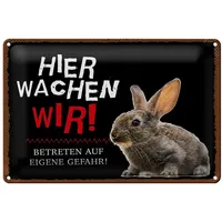 Roomando Lustiges Blechschild | Hier wachen wir | Kaninchenmotiv
