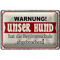 Roomando Lustiges Blechschild | Warnung! Unser Hund | Benimmschule