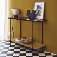 Sweeek Vintage-Konsole aus schwarzem Metall mit Glasplatten und Holzdekor