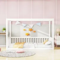 Odikalo Kinderbett Holzbett Himmelbett Bettgestell Massivholz mit Zaune 90x200