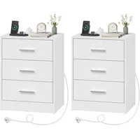 Woltu Nachttisch Beistelltisch mit Ladefunktion, Steckdose, 3 Schubladen, Modern,