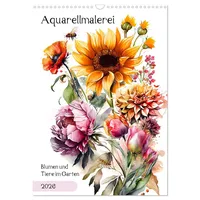 Calvendo Aquarellmalerei - Blumen und Tiere im Garten (Wandkalender