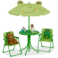 Relaxdays Camping Kindersitzgruppe, Frosch Motiv, Kindersitzgarnitur mit Schirm, Klappstühlen