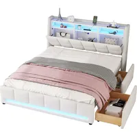 SOFTWEARY Stauraumbett mit LED-Beleuchtung, USB-Anschlüssen und Schubladen, 140x200 cm,