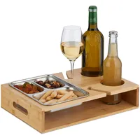Relaxdays Couchbar, Bambus, Edelstahlschale für Snacks, Getränke-& Weinglashalter, Griffe,