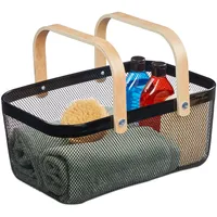 Relaxdays Drahtkorb mit Henkel, eckig, Aufbewahrungskorb Metall & Holz,
