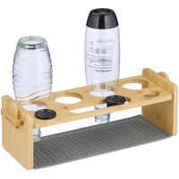 Relaxdays Flaschenhalter kompatibel mit Sodastream-Flaschen, Bambus, Silikon-Abtropfmatte, 4er Abtropfhalter,