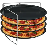Relaxdays Pizzablech, 4er Set, mit Gestell, antihaftbeschichtet, Carbonstahl, rundes