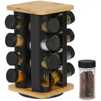Relaxdays Gewürzkarussell, 16 Gewürzgläser, 360° drehbar, Edelstahl, Bambus, Glas,