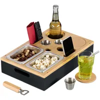 Relaxdays Couchbar, Bambus, 2X Edelstahlschale, Getränke- & Weinglashalter, 3X