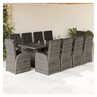 VidaXL 11-tlg. Garten-Essgruppe mit Kissen Grau Poly Rattan