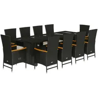 VidaXL 11-tlg. Garten-Essgruppe mit Kissen Schwarz Poly Rattan
