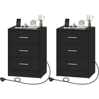 Woltu Nachttisch Beistelltisch mit Ladefunktion, Steckdose, 3 Schubladen, Modern,