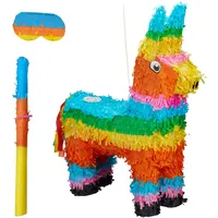 Relaxdays Pinata Set Esel mit Stab und Maske, Grün,Orange,Türkis