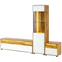 MASSIVMOEBEL24.DE Wohnwand Wildeiche 230x38x168 natur geölt / Glas weiß