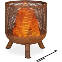 Relaxdays Feuerkorb, Mesh Design, Rostoptik, Feuerrost, Schürhaken, HxD: 53