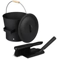 Relaxdays Ascheeimer mit Deckel 7,5 L inkl. Kehrset Holz/Metall
